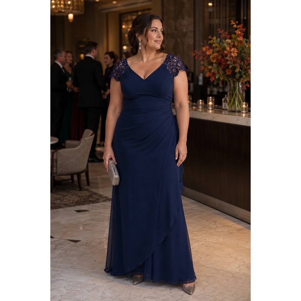 NWT Xscape Navy Blue Lace Sleeve Formal Evening Gown Size 18 Special Occasion